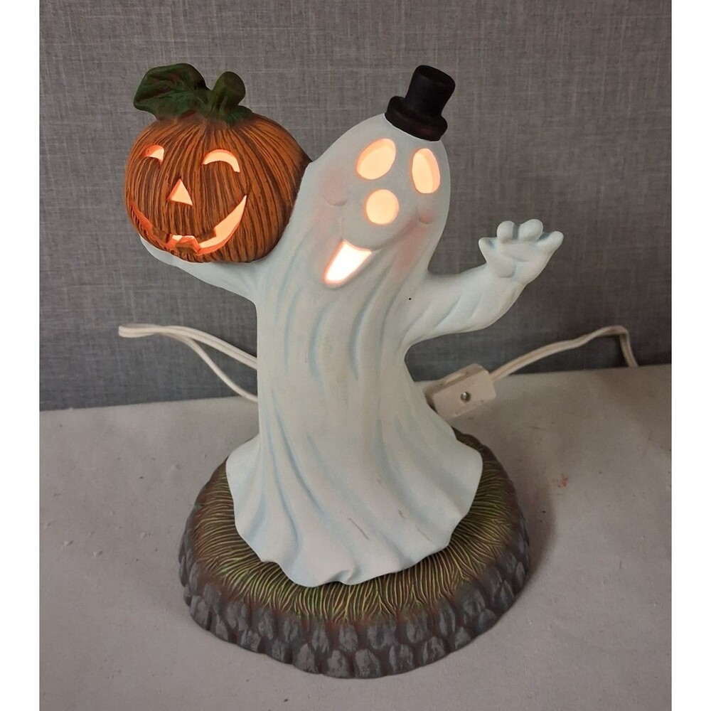 Vintage Light Up Ceramic Halloween Ghost Holding Pumpkin Lamp Top Hat Decor 80s